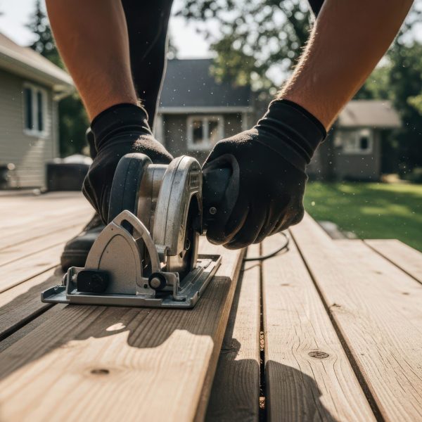 Construction worker using a circular saw on a wooden deck