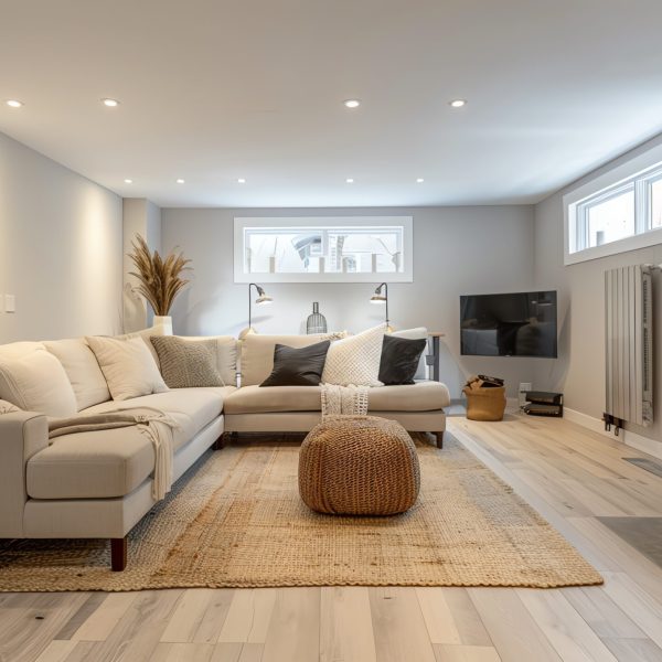 A Scandinavian basement remodel featuring a lounge area with a sectional sofa, a wood stove, and neutral colors